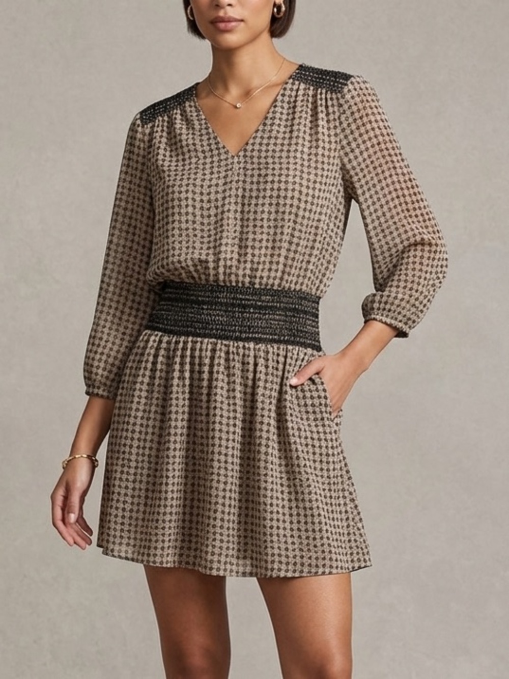 Vanessa Virginia Anthropologie Tan Black Abstract Smocked Waist Dress Size M